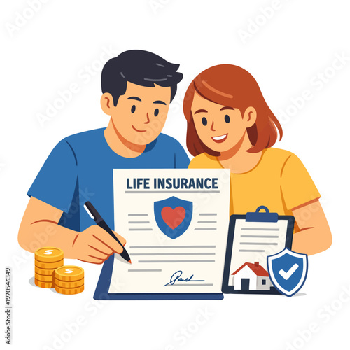 Young caucasian couple signing life insurance agreement.