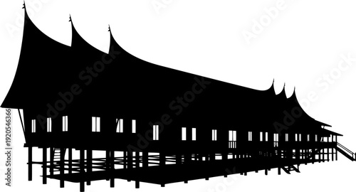 Perspective silhouette of a long southeast asian stilt longhouse