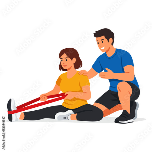 Young caucasian female stretching with resistance band assisted by male trainer.