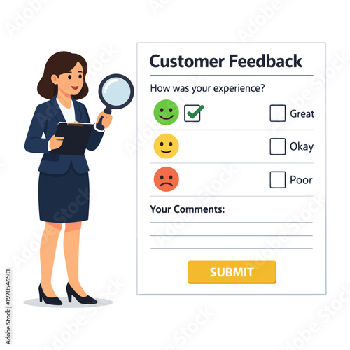 Female character reviewing customer feedback form with emoji ratings.