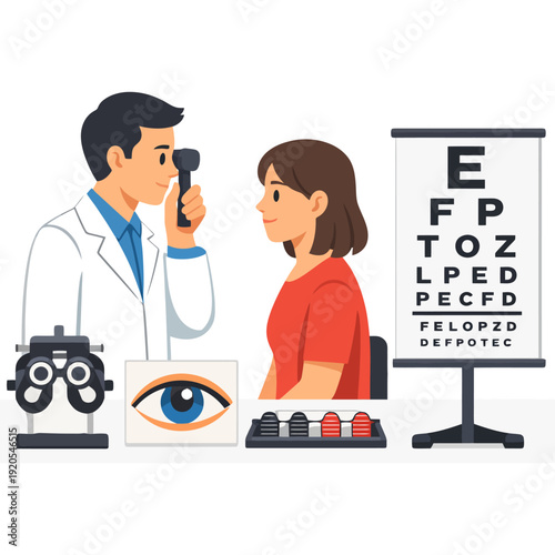 Female eye examination at optometrist office by caucasian male doctor.