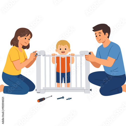 Young caucasian family assembling baby gate with smiling child.
