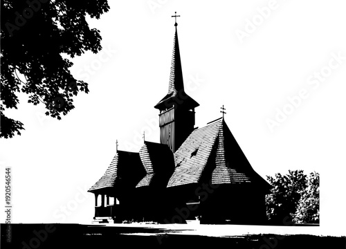 Rural wooden church silhouette nestled in a natural landscape