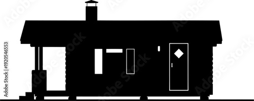 Rustic log cabin silhouette with a small chimney and covered porch