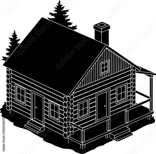 Rustic log cabin isometric outline with surrounding pine trees