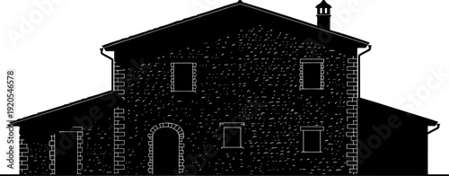 Rustic stone farmhouse silhouette with arched doorway and chimney