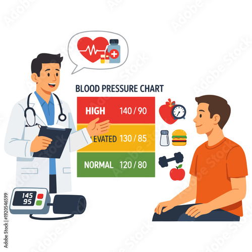 Male doctor explaining blood pressure chart to young adult male patient.