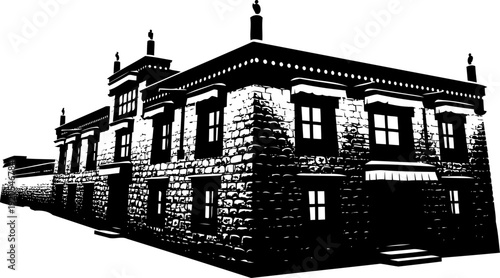 Tibetan stone monastery silhouette