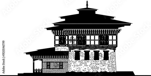 Traditional bhutanese house silhouette showing intricate window carvings and stone base