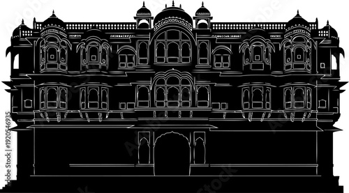 Traditional rajasthani architectural silhouette with ornate balconies and arched entry