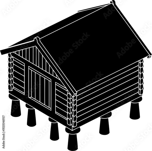 Traditional stilt house granary isometric outline for grain storage