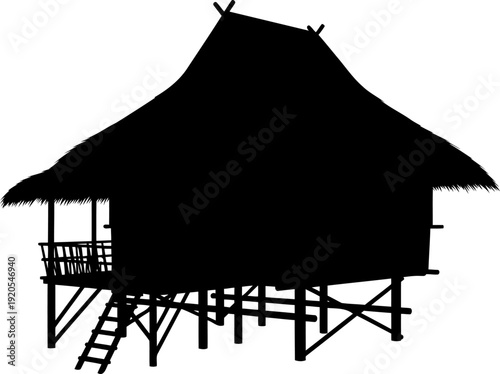 Traditional stilt hut silhouette side view tropical dwelling