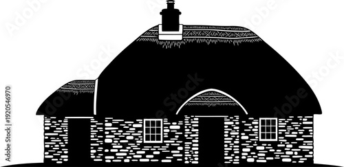 Traditional thatched roof cottage illustration with stone walls