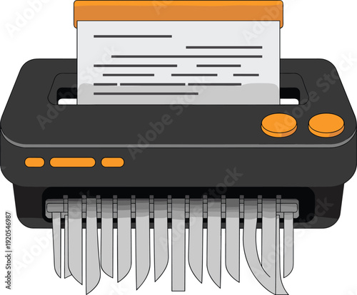 A black and orange paper shredder with a document being fed into it and strips of paper coming out of the bottom