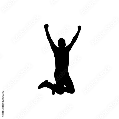 A black silhouette of a man jumping in the air with arms raised in celebration.