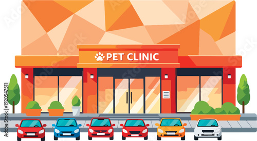 Veterinary clinic with cars parked outside.
