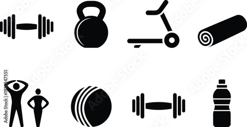 Fitness gym icons collection, dumbbell kettlebell treadmill yoga mat bottle symbols, sport equipment set, flat vector illustration