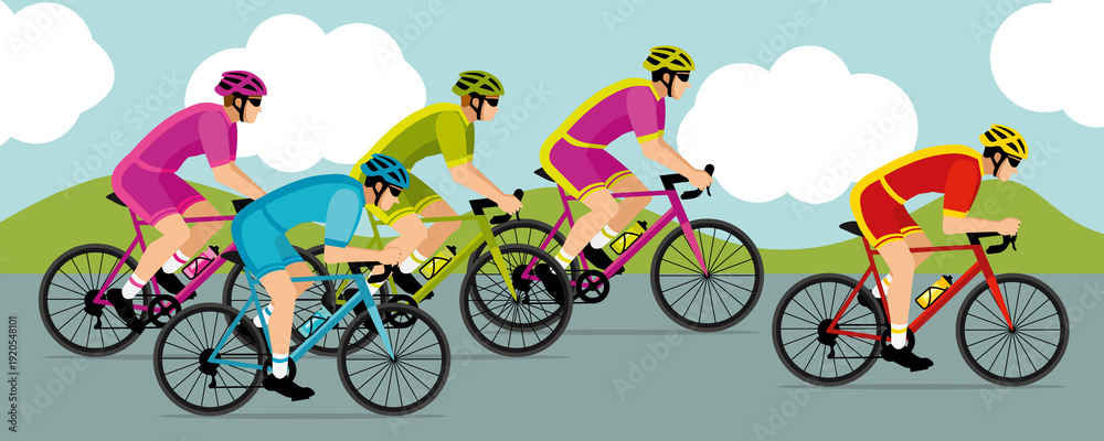 Naklejka premium Banner of cyclists competing in a cycling race. Colorful shorts and jerseys. Meadows landscape. Hand-drawn illustration II.