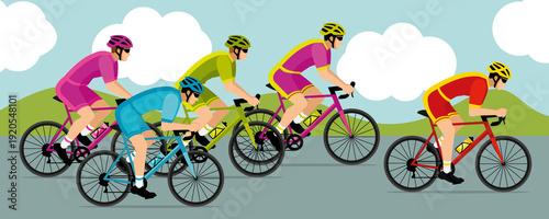 Banner of cyclists competing in a cycling race. Colorful shorts and jerseys. Meadows landscape. Hand-drawn illustration II.