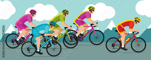 Banner of cyclists competing in a cycling race. Colorful shorts and jerseys. Mountains landscape. Hand-drawn vector illustration II.