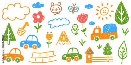 Colorful crayon drawings of nature vehicles and whimsical objects