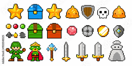 Collection of pixel art icons representing items and characters