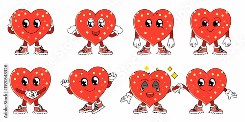 Adorable cartoon hearts with faces and shoes in various poses