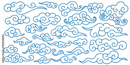 Stylized blue cloud patterns arranged across a white background