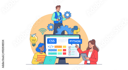 People working together on a large computer screen with various elements.