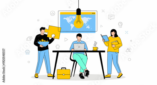 Team collaborating on a project with creative ideas and tools