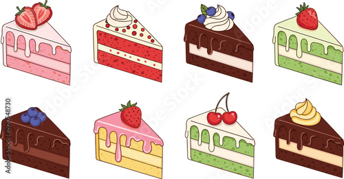 Delicious cake slices collection with chocolate strawberry and fruit flavors sweet dessert bakery flat vector illustration set