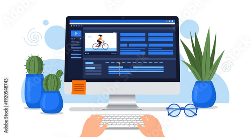 Video editing on desktop computer with hands typing Flat vector illustration EPS10 Stock.eps