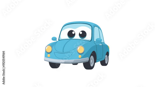 The car is blue and has eyes