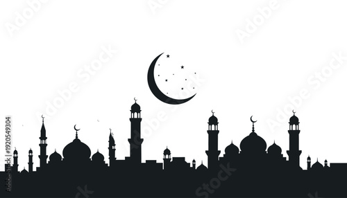 A black silhouette of a mosque cityscape under a crescent moon