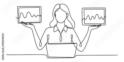 Continuous line drawing of a professional woman balancing work with data on two digital tablets Vector, illustration