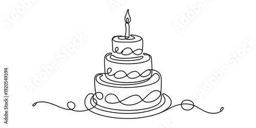 Continuous line drawing of a three tiered birthday cake with a single lit candle on top. Vector, illustration