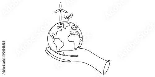 A hand holding the earth with a wind turbine and a plant sprout for environmental concept Vector, illustration