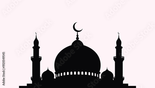 A black silhouette of a mosque on a pink background