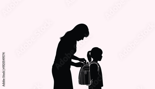 A mother helps her child with a backpack