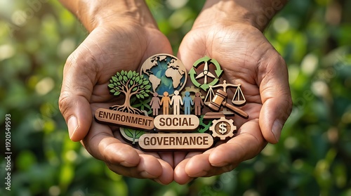 Hands holding ESG environmental social governance icons  representing sustainable development and responsible business practices with ecofriendly symbols and human figures