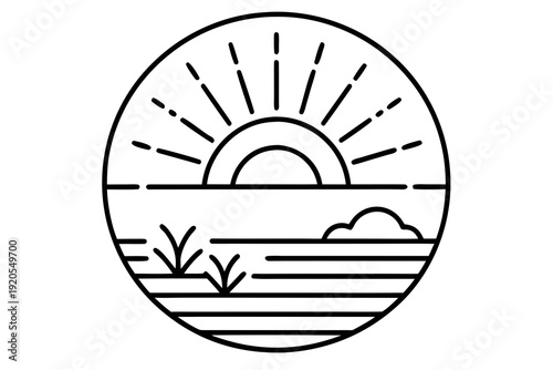A minimalist black and white line art illustration depicts a serene sunrise or sunset over a calm horizon with sparse vegetation, enclosed within a perfect circle.