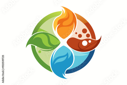 An abstract and vibrant flat design logo representing the four classical elements—fire, water, earth, and air—intertwined in a dynamic circular pattern with distinct colors.