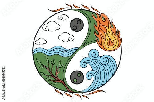 A detailed, colorful illustration merging the ancient Yin Yang symbol with representations of the four classical elements: fire, water, earth, and air.