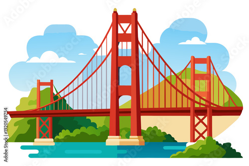 A picturesque, colorful flat design illustration of the iconic Golden Gate Bridge, spanning water with lush green hills and a bright blue sky.