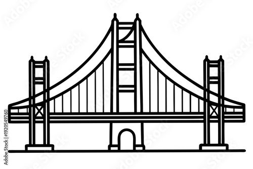 A bold and clean outline illustration of the iconic Golden Gate Bridge, presented in a straightforward front view, emphasizing its architectural structure and monumental presence.