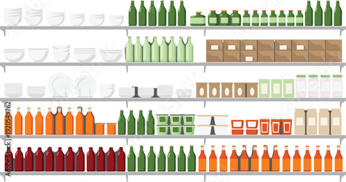 Organized supermarket grocery store shelves vector illustration with rows of colorful bottles plates boxes and jars for retail and pantry storage concepts.