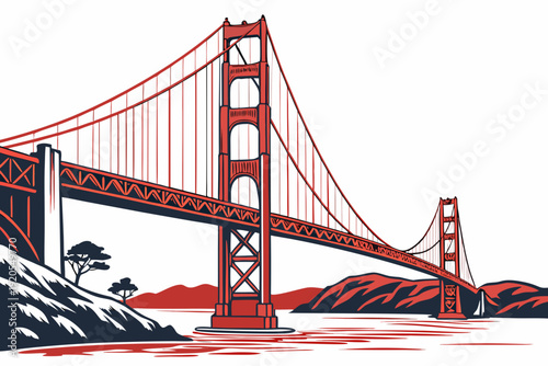 A striking, stylized illustration of the Golden Gate Bridge, rendered in a limited red, blue, and white palette, spanning water with abstract hills.