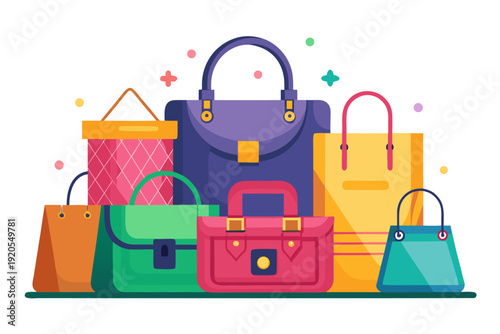 A vibrant collection of stylized flat design handbags, shoulder bags, and shopping bags are neatly arranged, creating a cheerful display of fashion accessories.