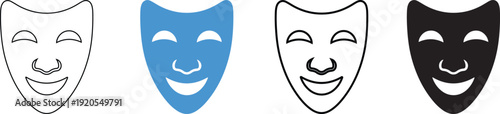 Comedy theater masks in different colors on white background  smiling faces for acting and performance