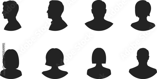 Human avatar silhouette set, male and female head portraits front and side views, people icons, flat vector illustration
